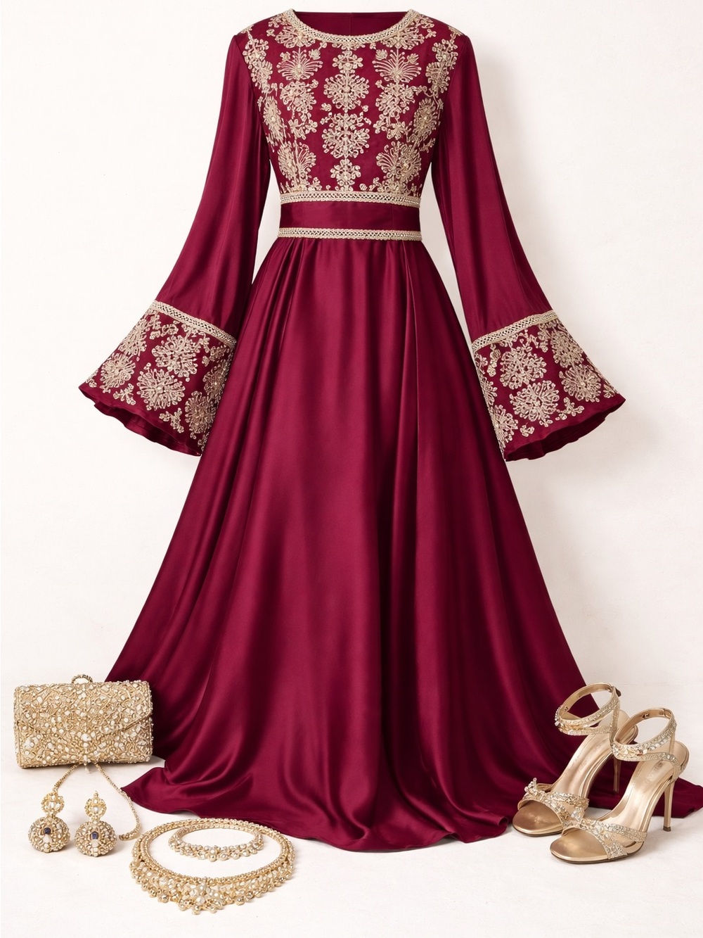Elegant Burgundy Embroidered Long Sleeve Maxi Dress
